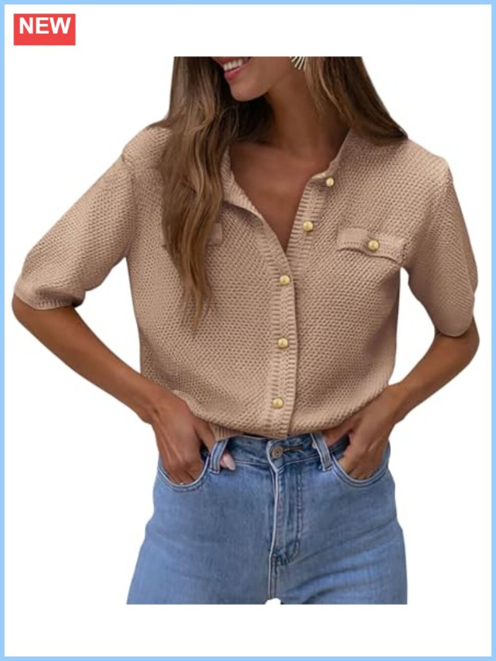 Women's Summer Button Down Knit Sweater Top V Neck Short Sleeve Cardigan